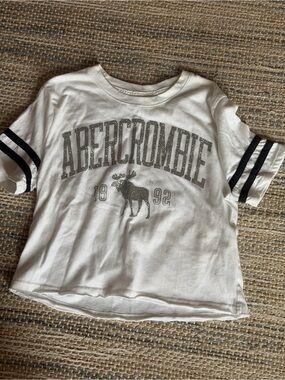 abercrombie kids White Graphic Tee with Glitter Moose and Sleeve Stripes